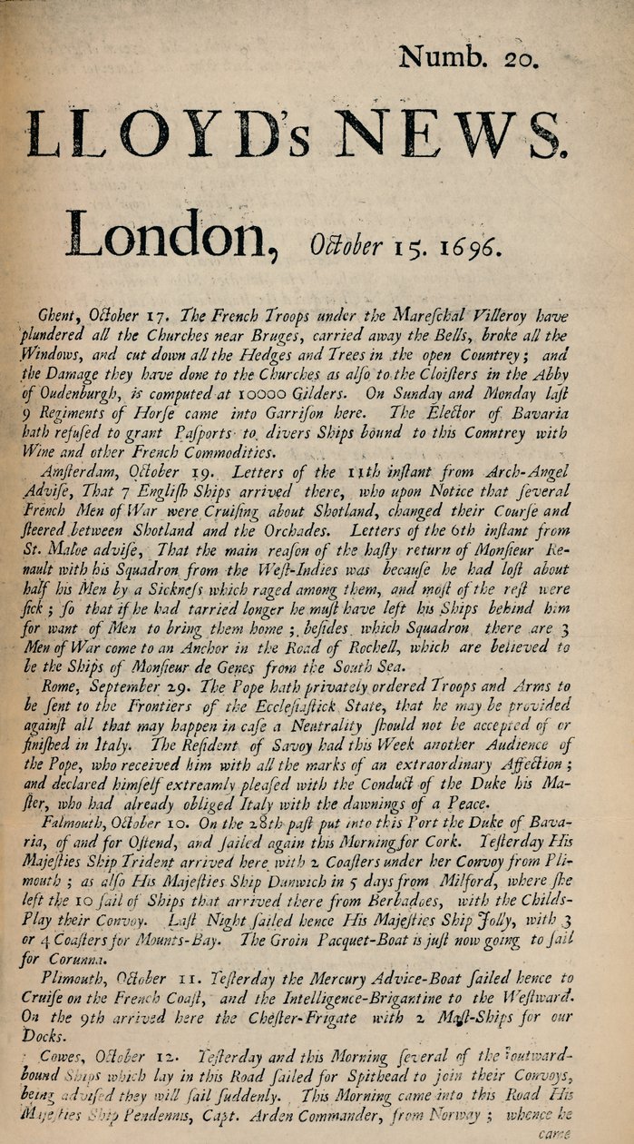 Lloyds News. Londýn, 15. října 1696 – Otupěl. 20, 1928 od Unbekannt
