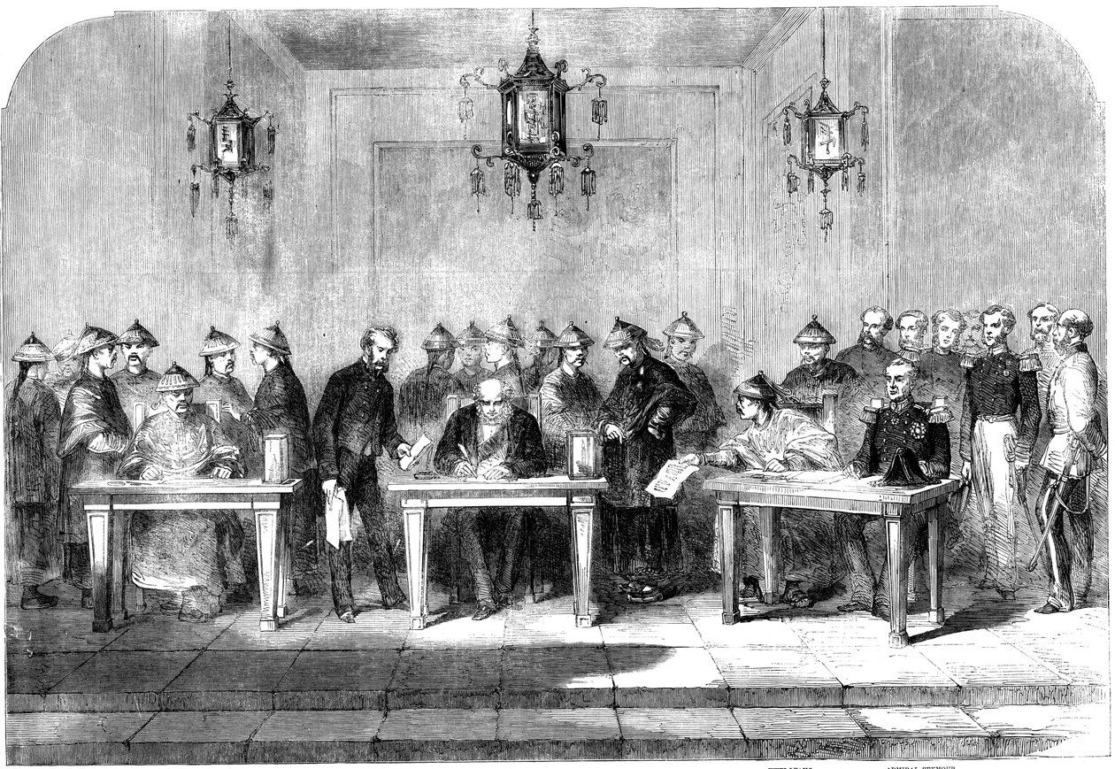 Lord Elgin podepsal smlouvu z Tianjinu o ukončení druhé opiové války, 1858 od Unbekannt
