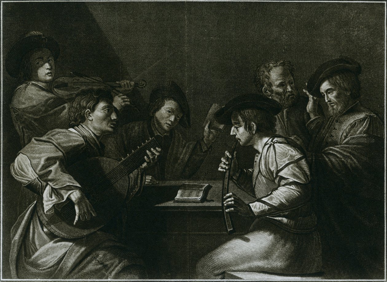 Loutna, housle a černý zakřivený cink, italská rytina roku 1784, 1948 od Unbekannt
