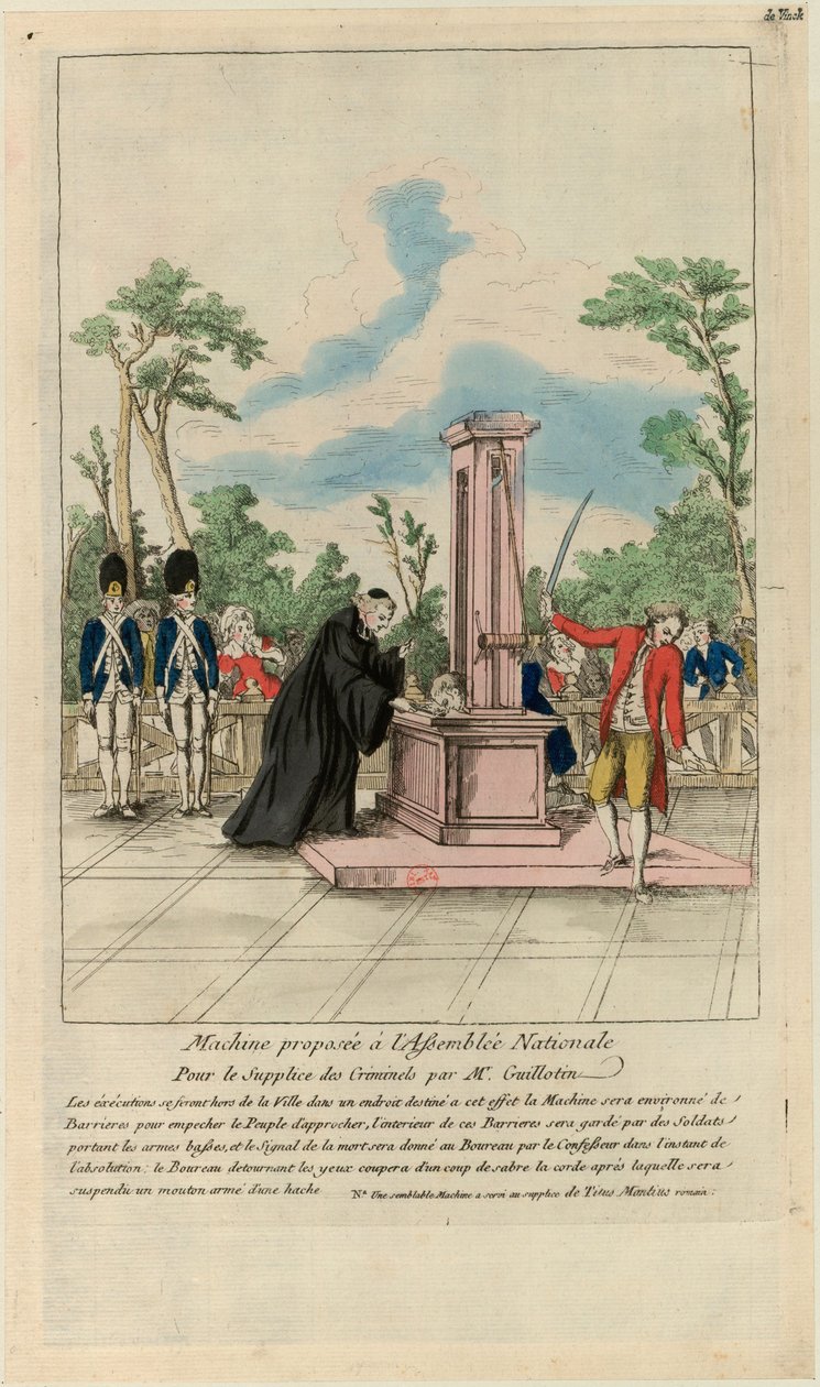 Stroj navržený Národnímu shromáždění k mučení zločinců panem Guillotinem, c. 1790. od Unbekannt