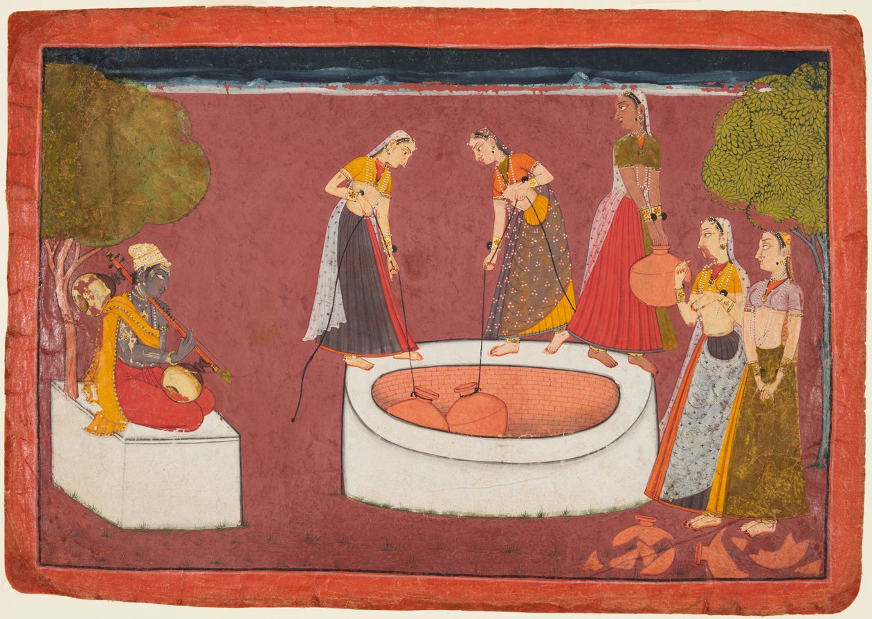 Madhava hraje svůj vina před pěti ženami čerpajícími vodu ze studny, z Madhavanala..., c. 1700. od Unbekannt
