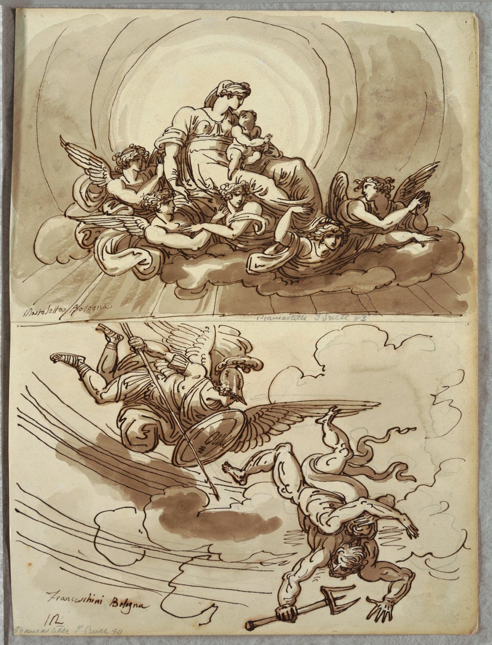Madonna a dítě ve slávě, studie po Mastellettě; Angel Gabriel Řízení Lucifera z nebe, studie po Marcantonio Franceschini od Unbekannt