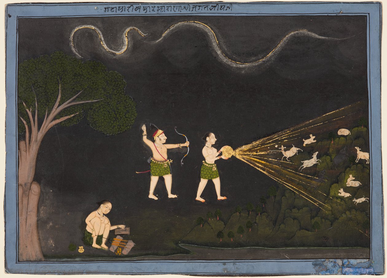 Maharana Jagat Singh oblečený jako Bhil, lovící jeleny v noci, c. 1735-40. od Unbekannt