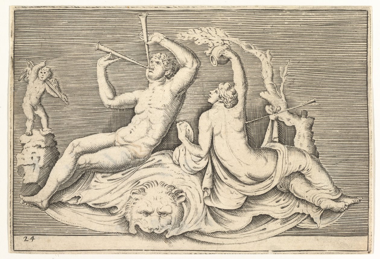 Muž hrající na dvě flétny a Žena na lví kůži, publikoval ca. 1599-1622. od Unbekannt
