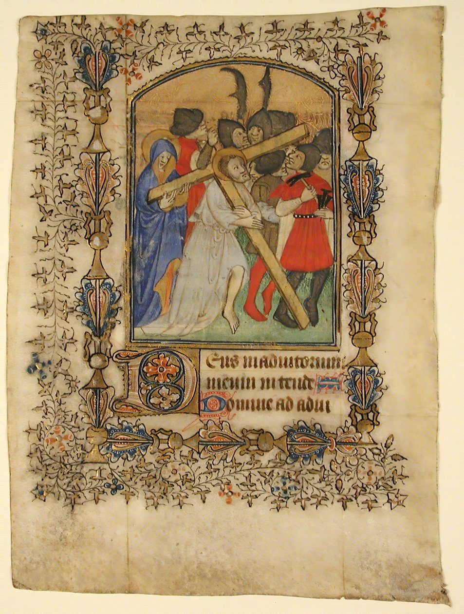 Rukopisný list z knihy hodin... Iluminovaná iniciála D a Kristus nesoucí kříž, 1390-140 od Unbekannt