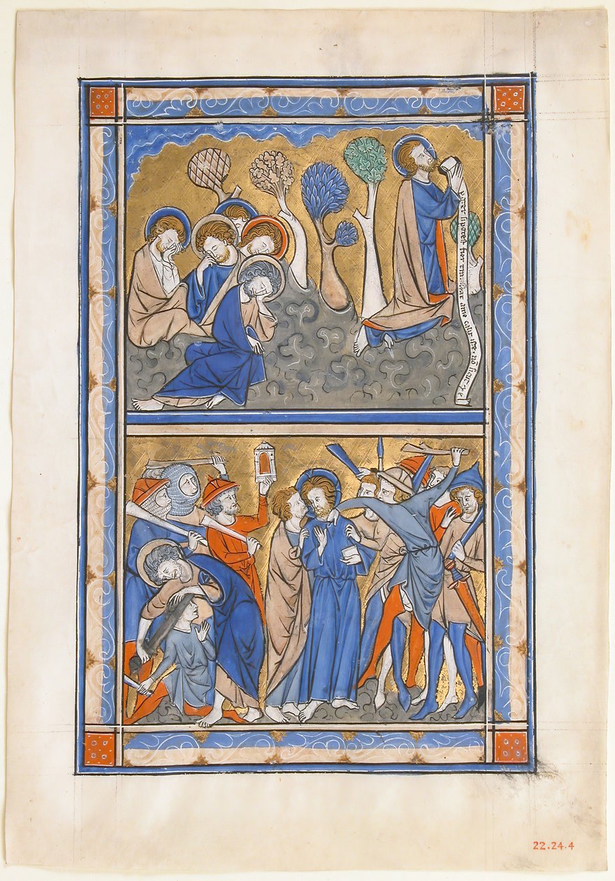 Rukopisný list s agónií v zahradě a zradou Krista, z královského žaltáře, ca. 1270. od Unbekannt