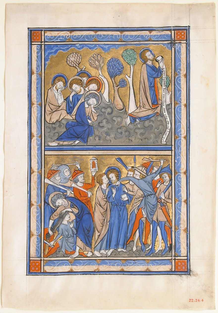 Rukopisný list s agónií v zahradě a zradou Krista, z královského žaltáře, ca. 1270. od Unbekannt