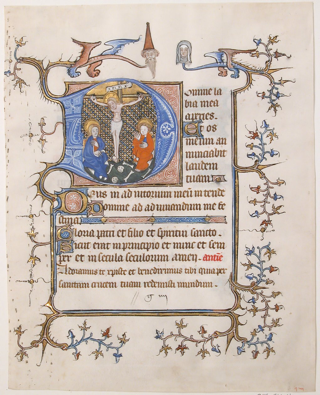 Rukopisný list s ukřižováním v iniciále D, z knihy hodin, ca. 1350. od Unbekannt