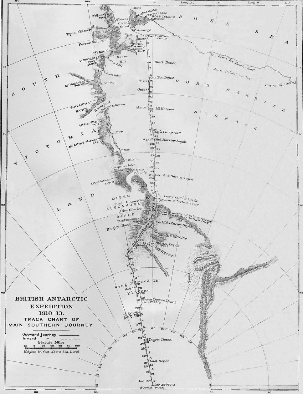 Mapa - Britská antarktická expedice 1910-13. Traťový plán hlavní jižní cesty, 1913 od Unbekannt
