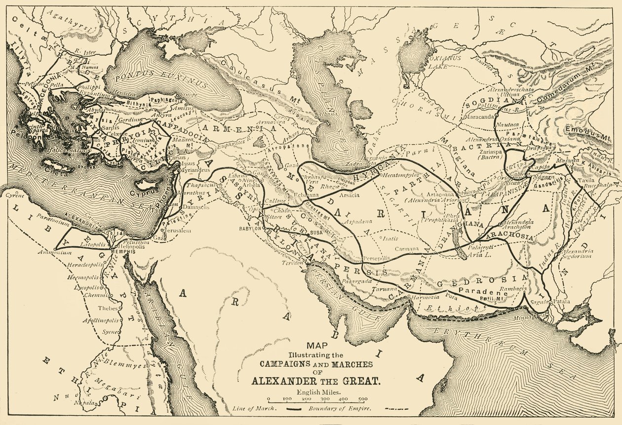 Mapa znázorňující tažení a pochody Alexandra Velikého, 1890. od Unbekannt
