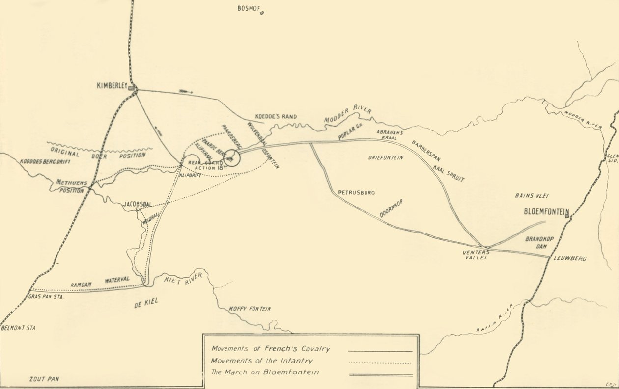 Mapa znázorňující hnutí za pomoc Kimberley a dobytí Bloemfonteinu, 1901. od Unbekannt