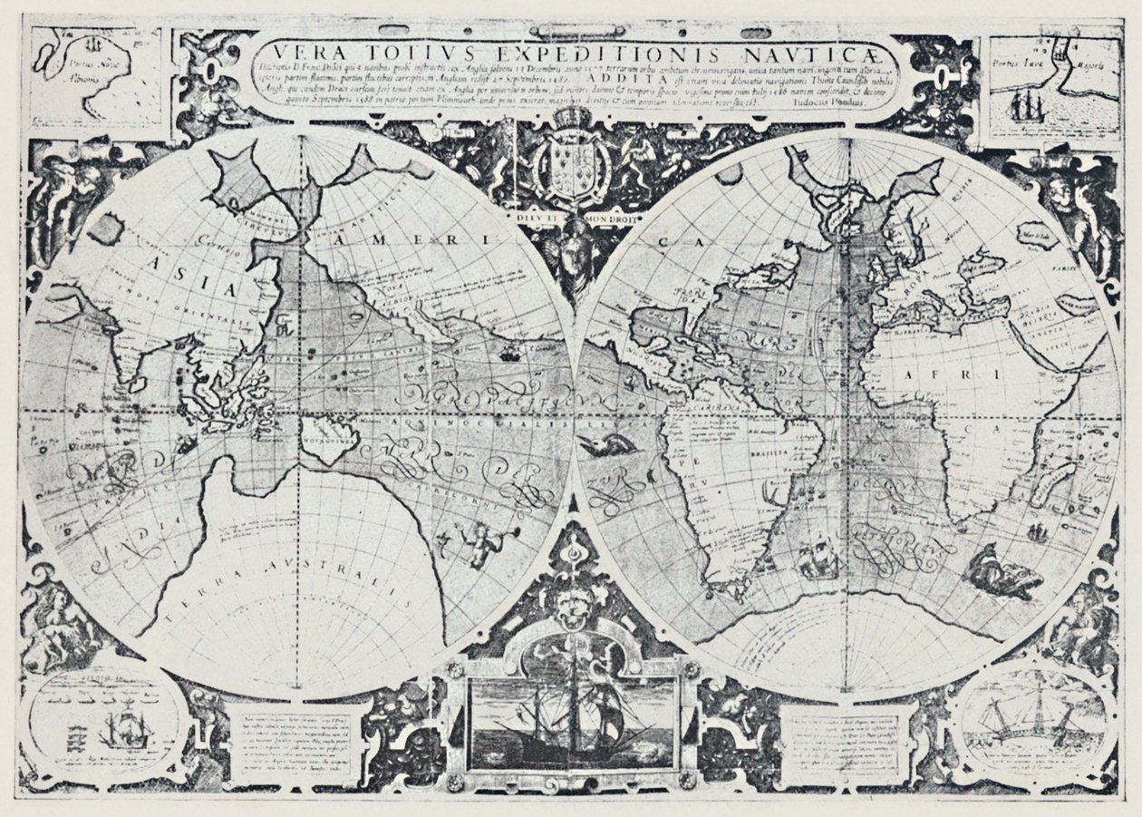 Mapa znázorňující Drakes Voyage of Circumnavigation 1577-1580, 1923. od Unbekannt