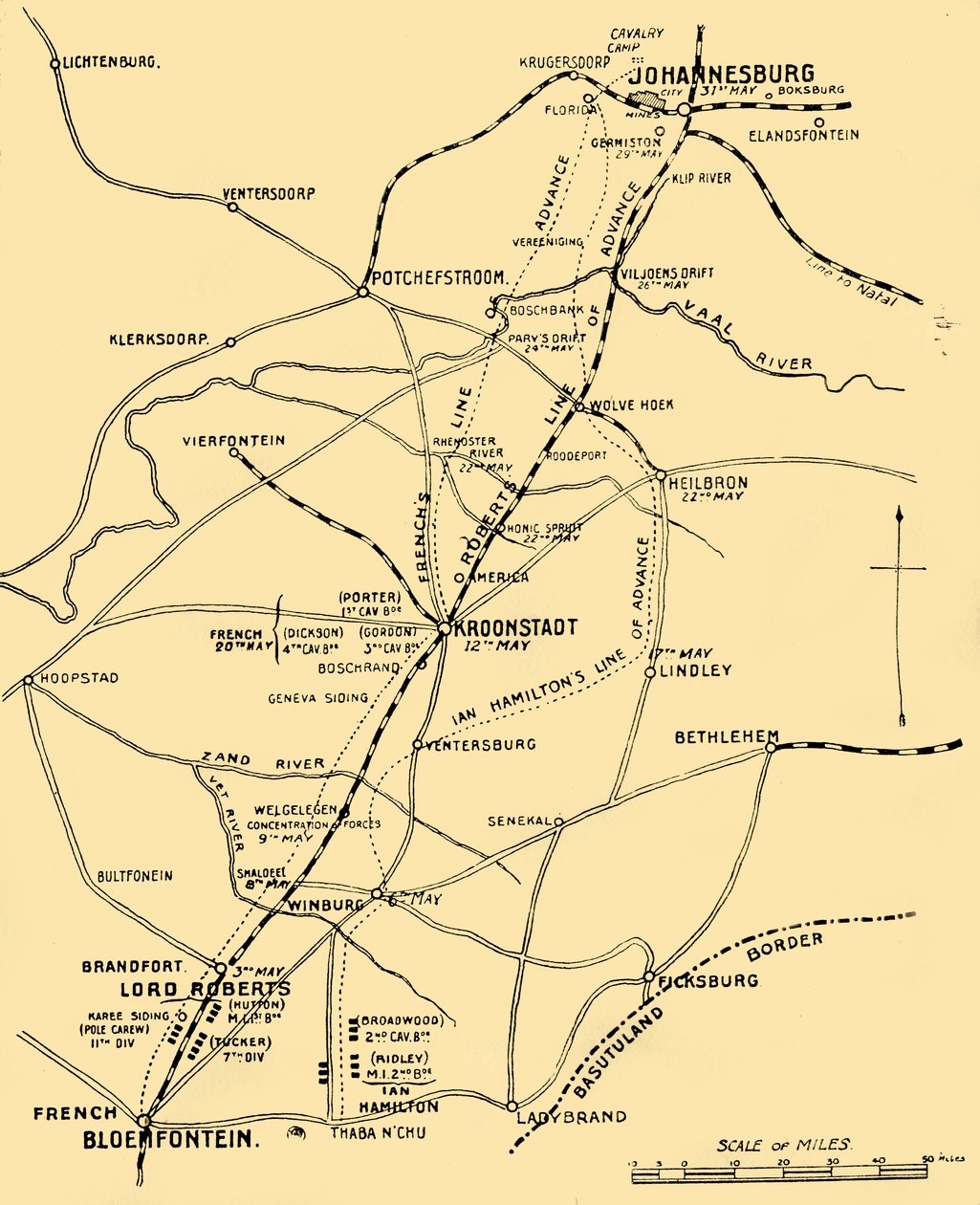 Mapa ukazující čáry postupu z Bloemfonteinu do Pretorie, 1901. od Unbekannt