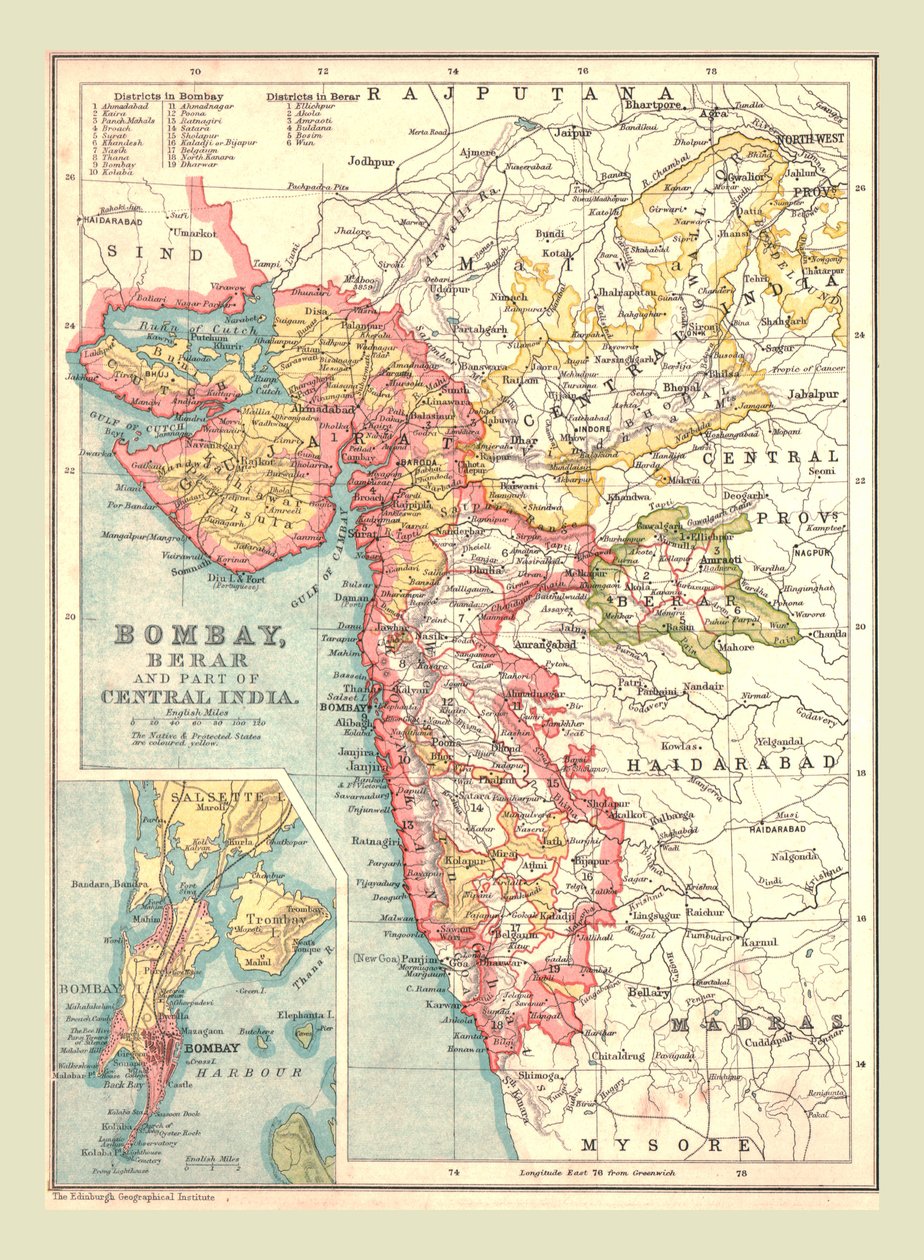 Mapa Bombaje, Beraru a části střední Indie, 1902. od Unbekannt