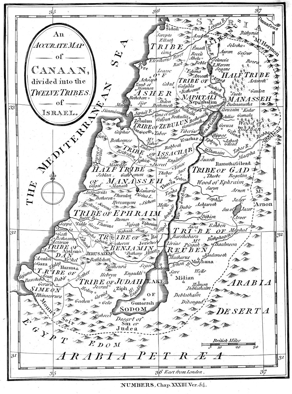 Mapa Kanaánu rozděleného do dvanácti kmenů Izraele, c1830 od Unbekannt