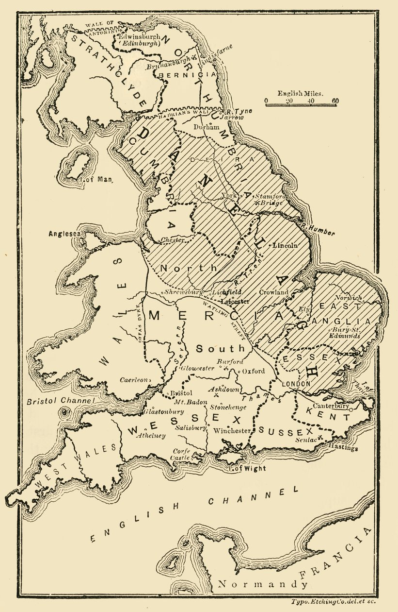 Mapa Anglie, zobrazující anglosaská království a dánské okresy, c9. století, 189 od Unbekannt