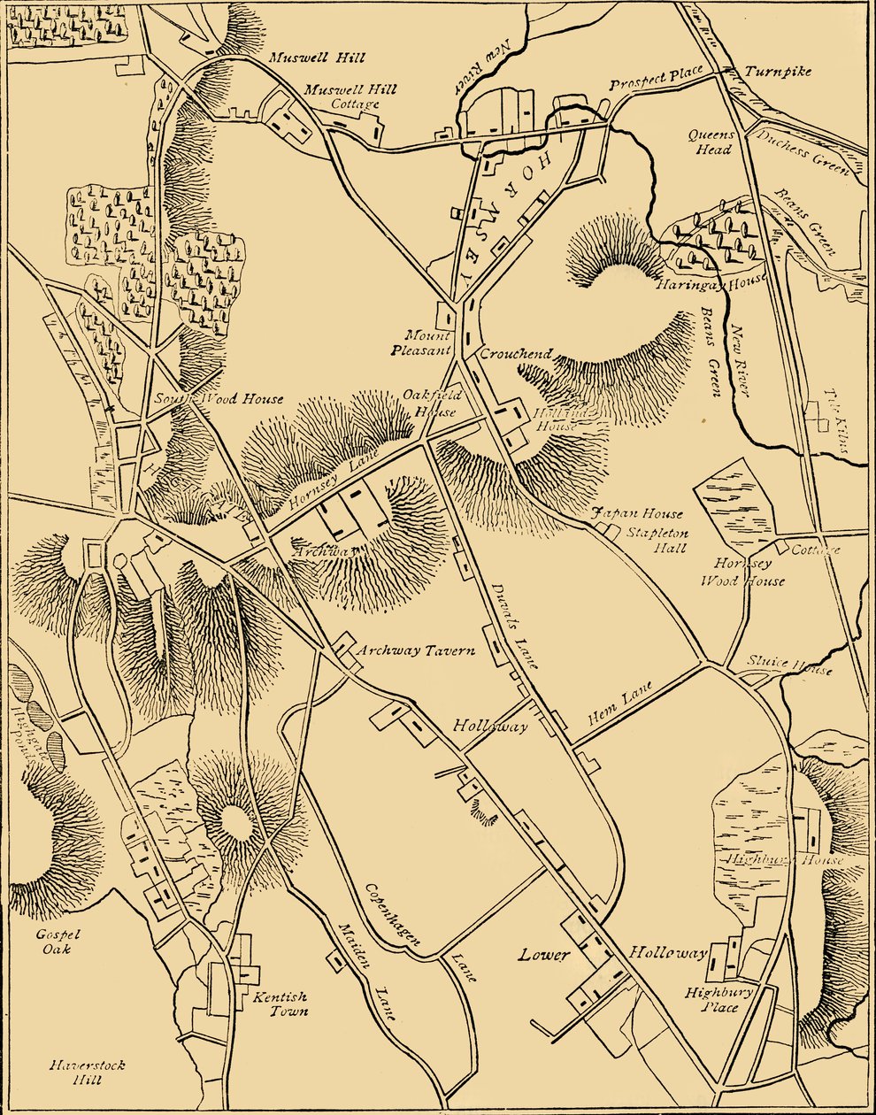 Mapa Hornsey a sousedství v roce 1819, c1876. od Unbekannt