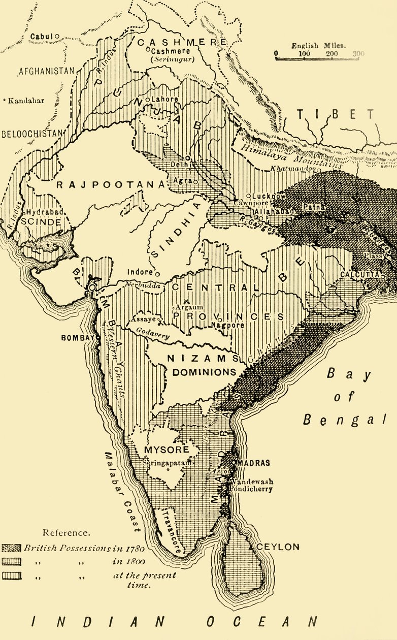 Mapa Indie, zobrazující britský majetek v roce 1780, 1800 a v současné době, 1890. od Unbekannt