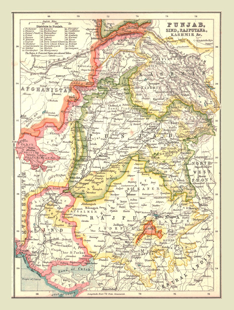Mapa Paňdžábu, Sindu, Rajputany a Kašmíru, 1902. od Unbekannt