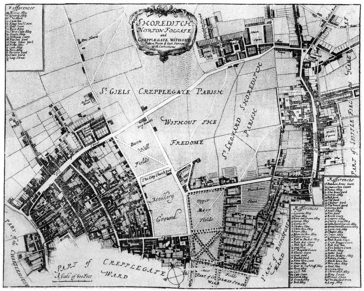 Mapa Shoreditch, Norton Folgate a Cripplegate, 1907 od Unbekannt