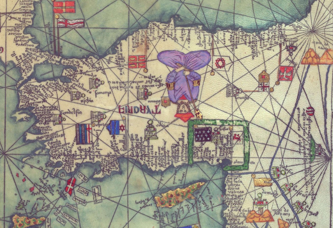 Mapa východní Evropy, pohled z jihu. Reprodukce katalánského atlasu od Unbekannt