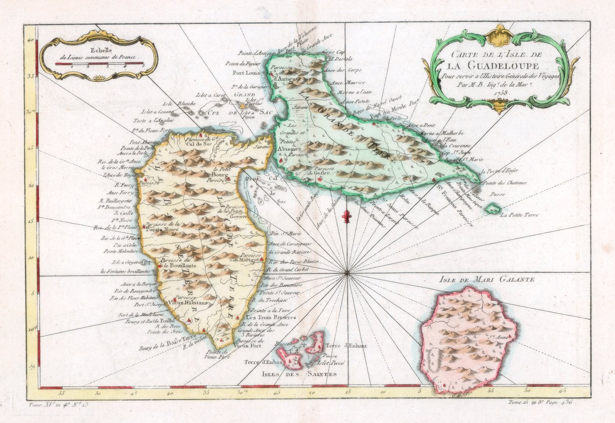 Mapa karibského ostrova Guadeloupe, c1764 od Unbekannt