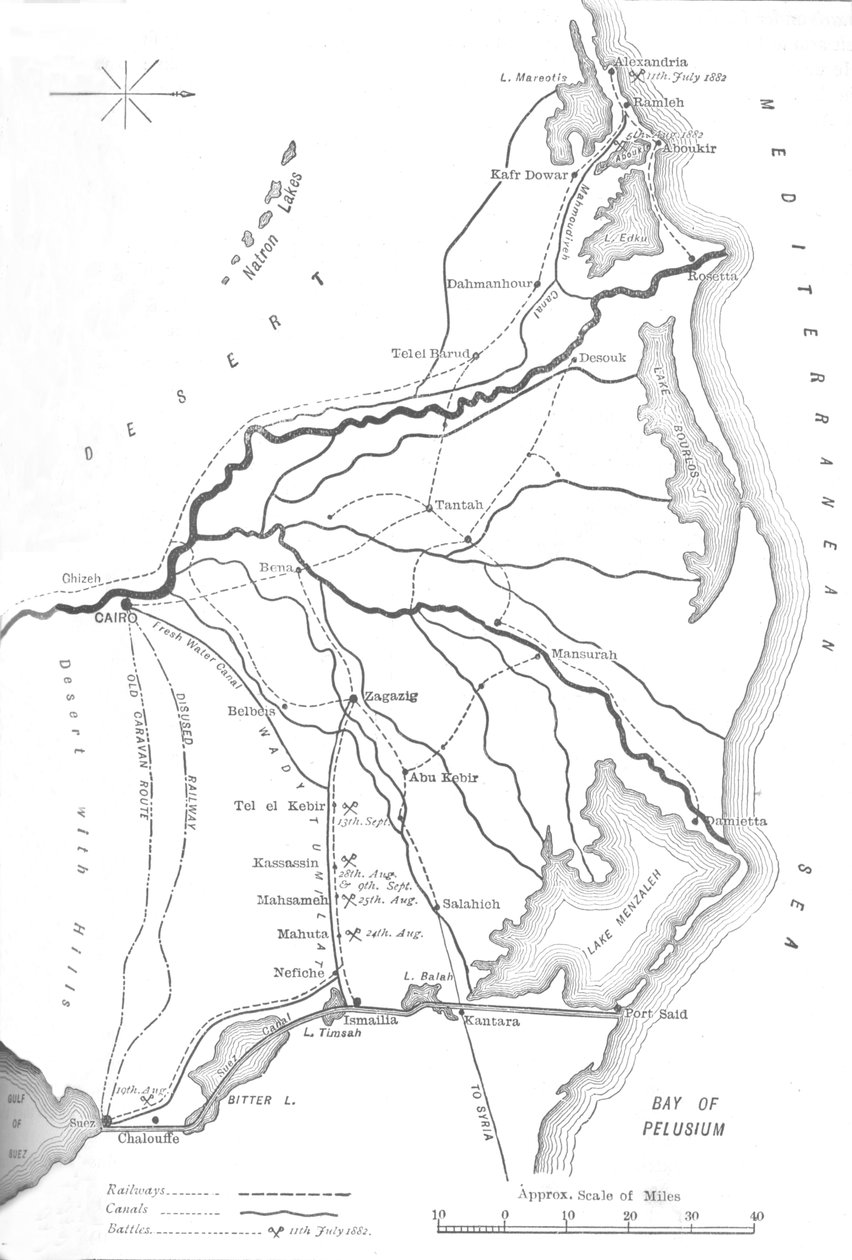 Mapa delty Nilu, strategické body v egyptské kampani, 1882, c1882-85 od Unbekannt