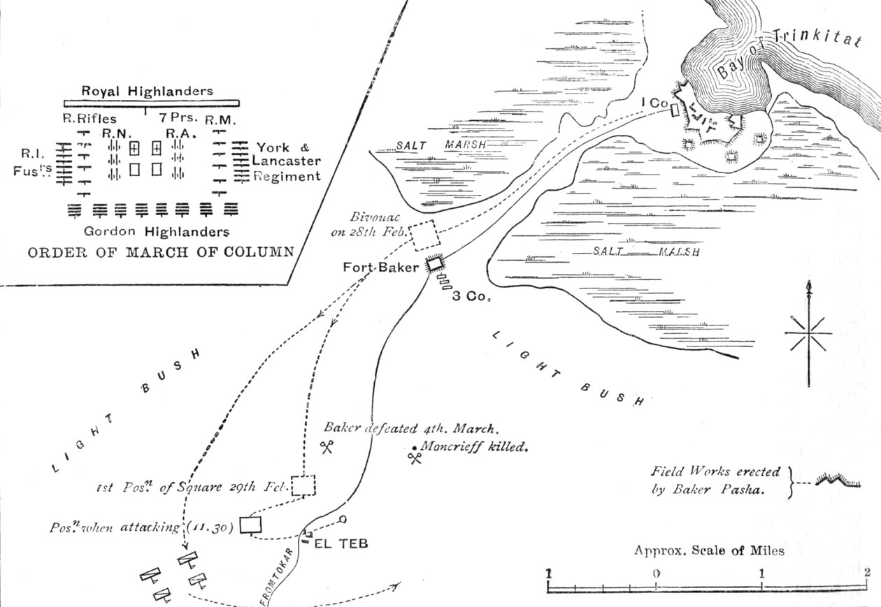 Mapa pochodu do El Tebu, 28.-29. února 1884, c1881-85 od Unbekannt