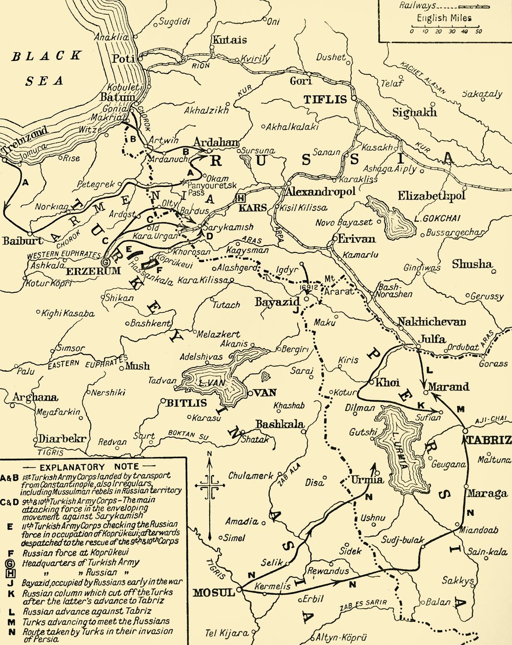 Mapa hranice mezi Ruskem a Tureckem, první světová válka, c1920. od Unbekannt