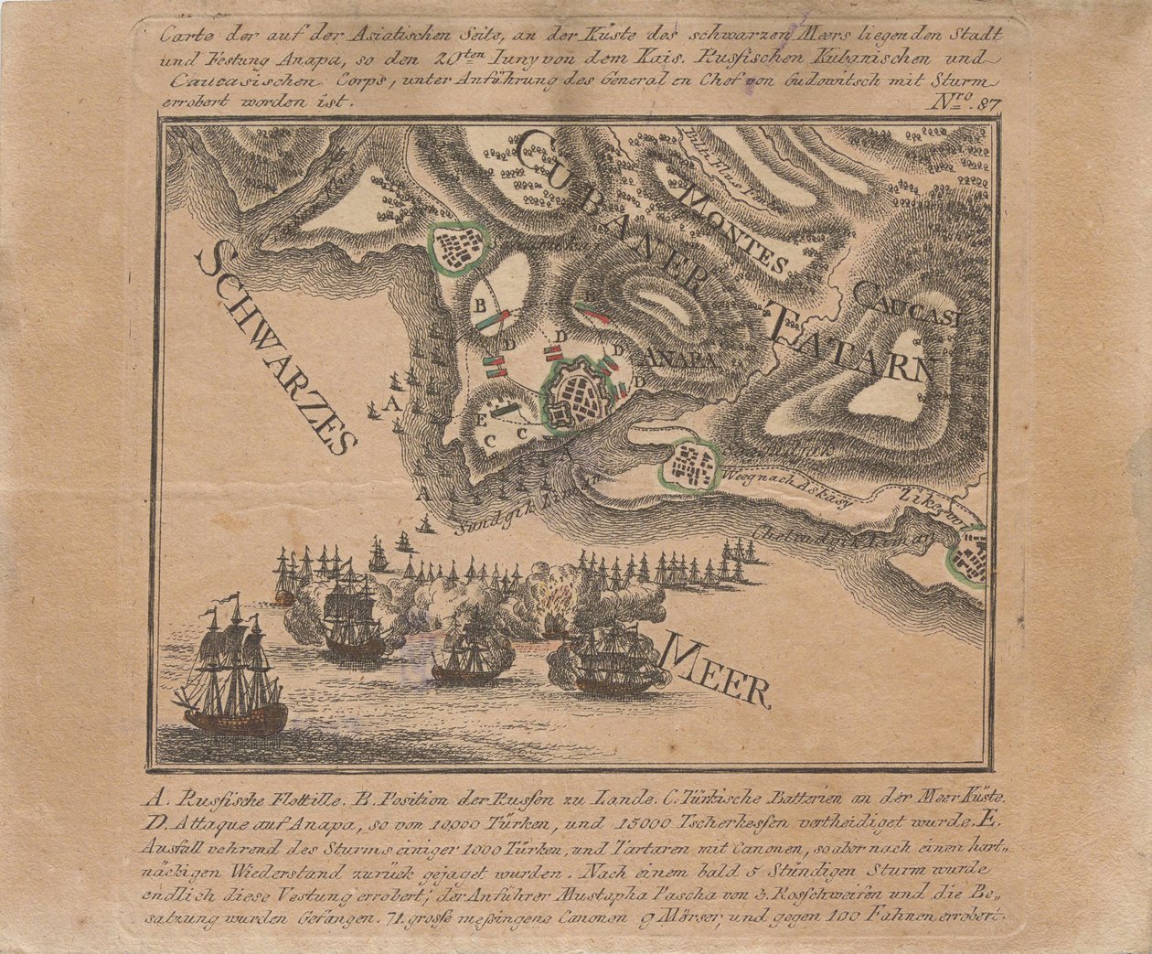 Mapa dobytí mořské pevnosti Anapa ruskými vojsky na Černém moři v červnu 1791, 1791. od Unbekannt