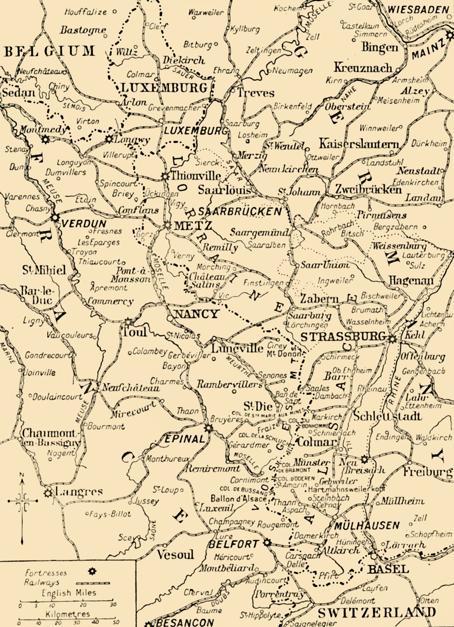 Mapa zobrazující hranici mezi Francií a Německem, první světová válka, c1915, c1920. od Unbekannt