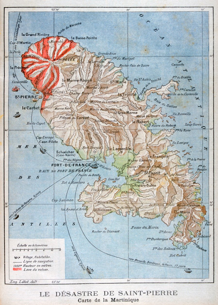 Mapa znázorňující erupci Mount Pelee, Martinik, 1902 od Unbekannt