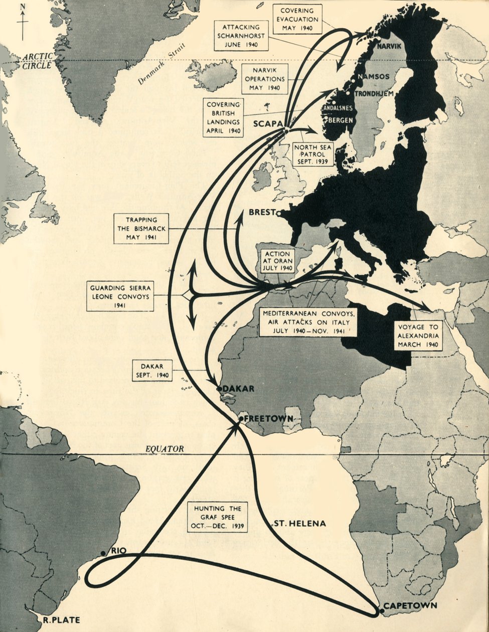 Mapa znázorňující pohyby HMS Ark Royal, 1939-1941, 1942. od Unbekannt