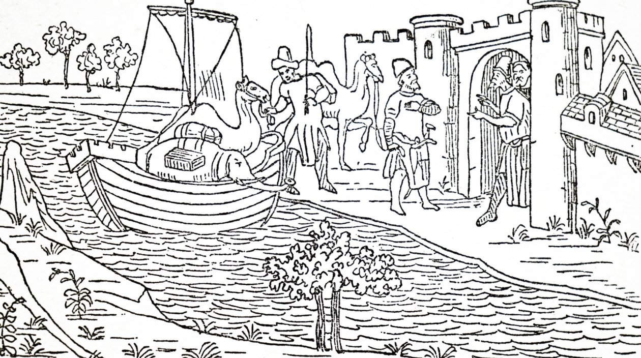 Marco Polo a jeho strýci dorazí do Hormuzu. od Unbekannt
