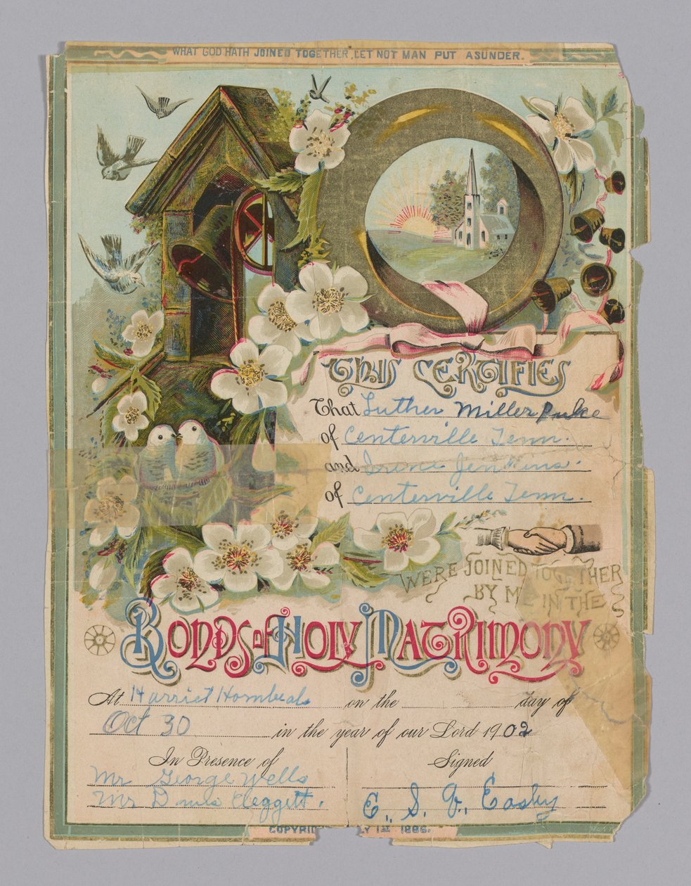Oddací list Luthera Millera Pulce a Irene Jenkinsové, 30. října 1902. od Unbekannt