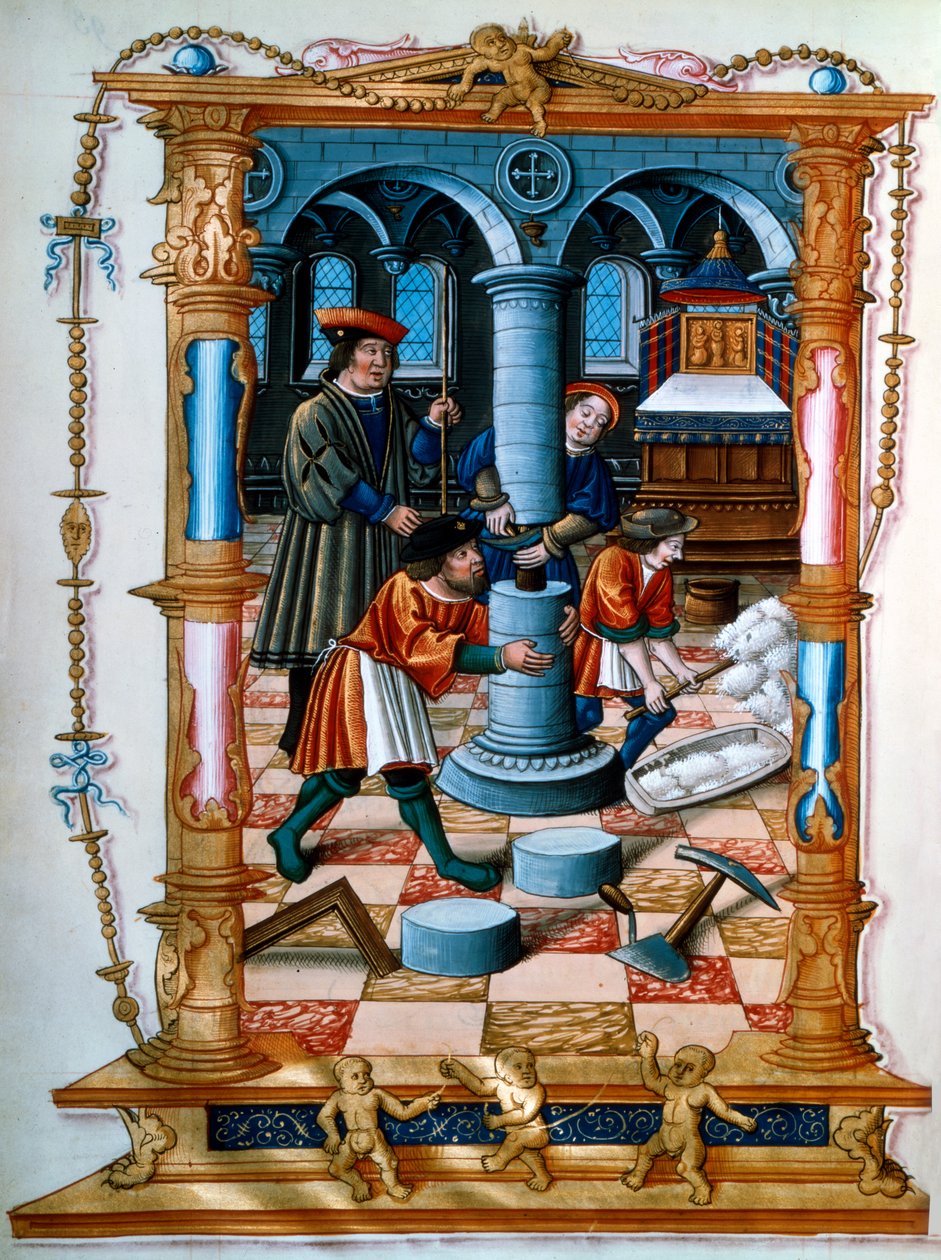 Zedníci staví sloup v kostele, c1525 od Unbekannt