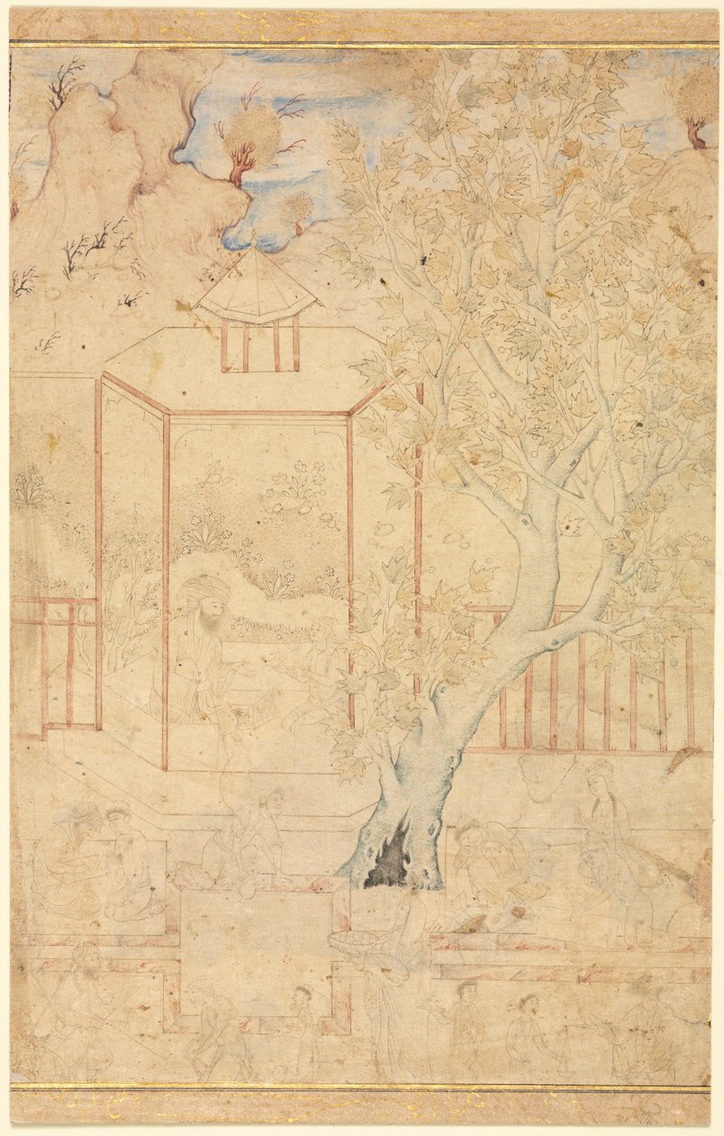 Mistr a učedník v zahradním altánu, jednostránková ilustrace, c. 1570-1590. od Unbekannt