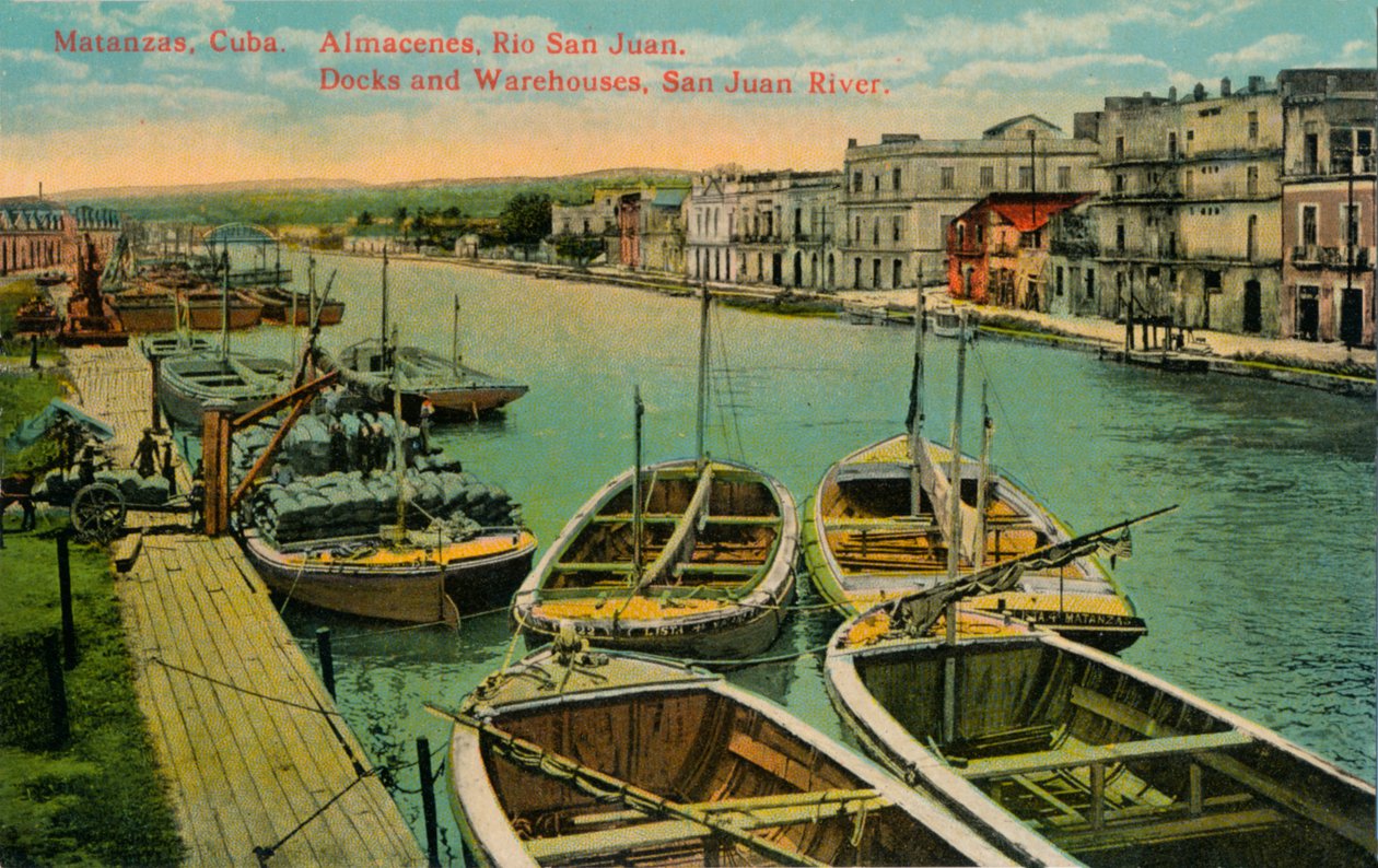 Matanzas, Kuba. Sklady, Rio San Juan. Doky a sklady, řeka San Juan, c1910 od Unbekannt