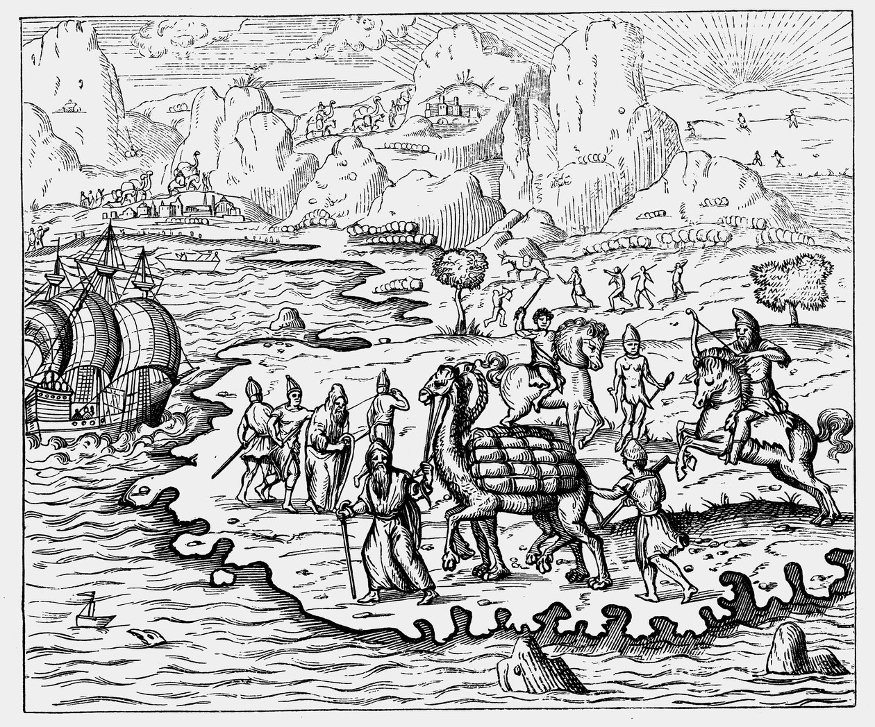 Obchodníci přepravující zboží na pobřeží a čekající loď na velbloudu, 1575 od Unbekannt