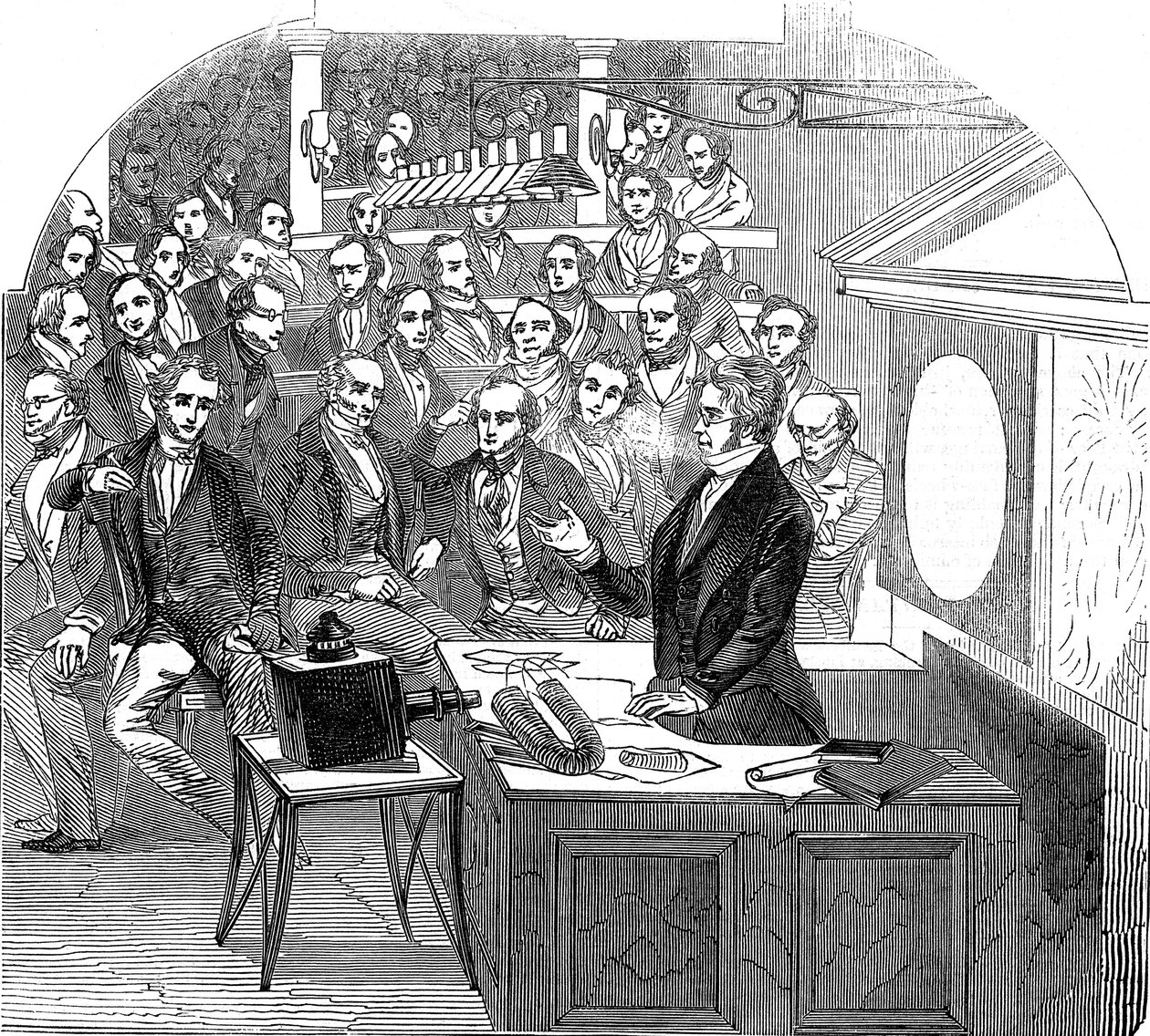 Michael Faraday přednáší o elektřině a magnetismu, Royal Institution, Londýn, 1846 od Unbekannt