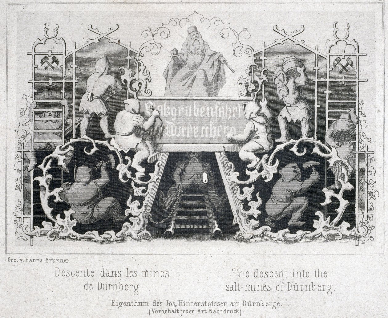 Solný důl: Sestup do solných dolů v Durrnbergu, Rakousko, cca 1850 od Unbekannt