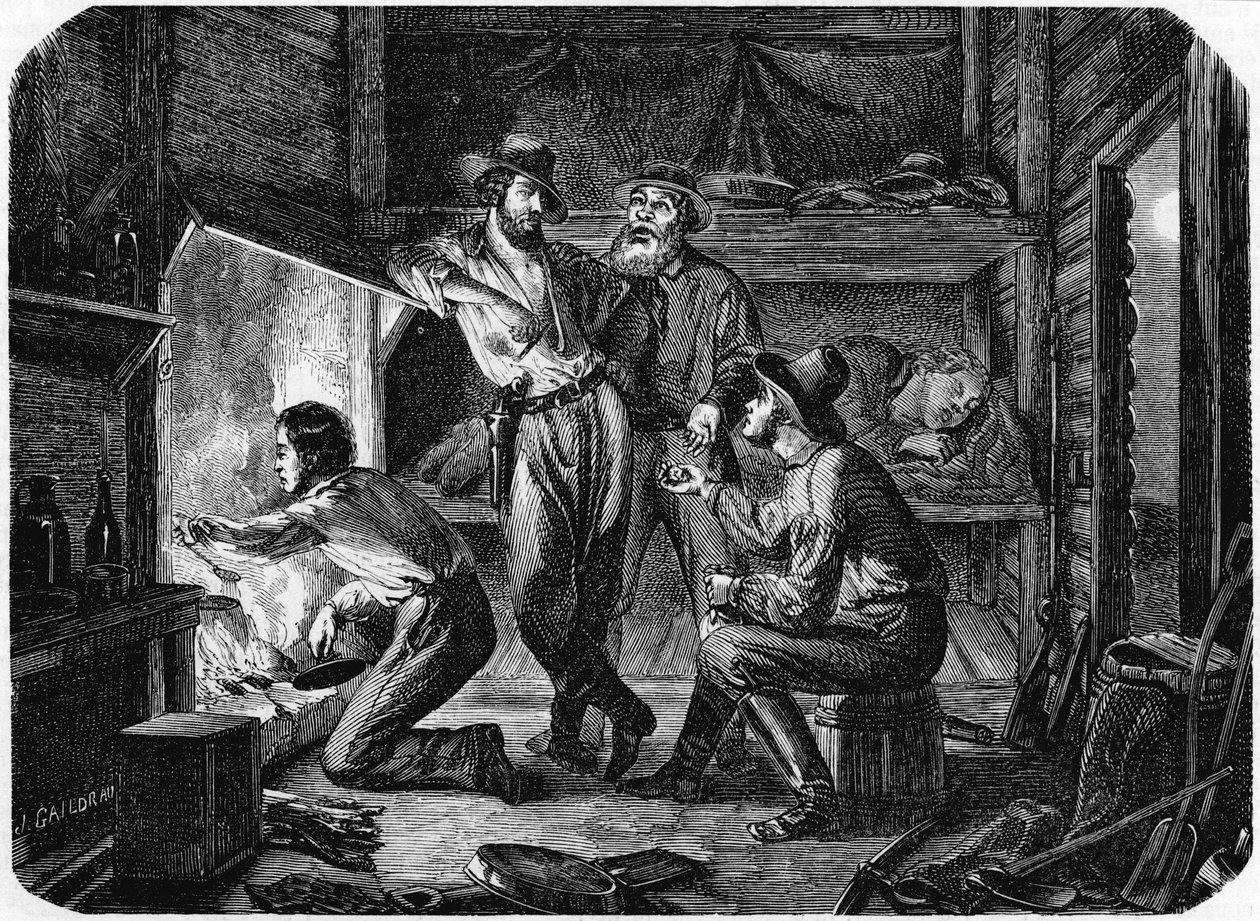 Horníci v kalifornských zlatých polích odpočívající v noci ve svém srubu, 1853 od Unbekannt