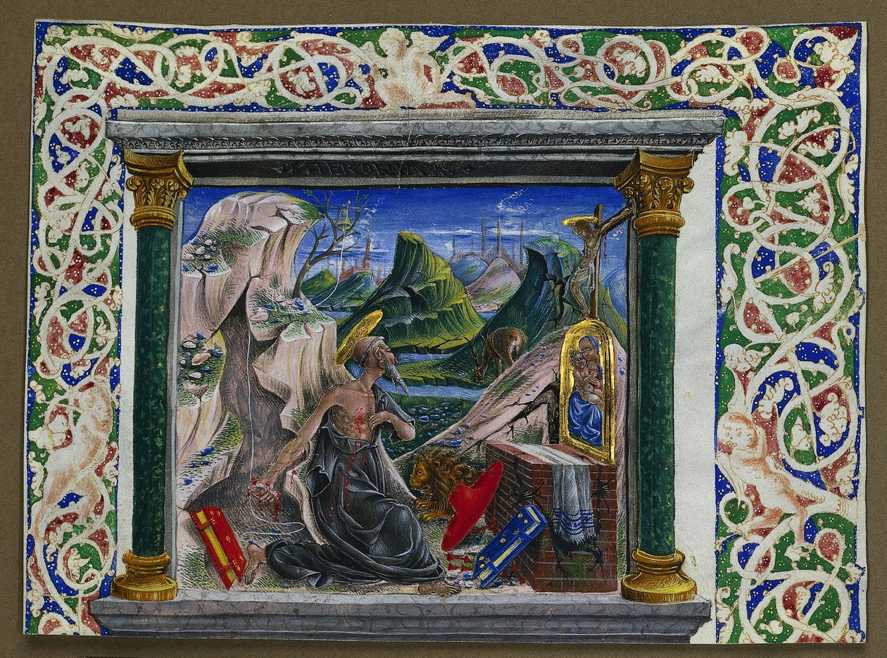 Miniatura vyříznutá z rukopisu: St. Jerome in the Wilderness, c. 1500. od Unbekannt