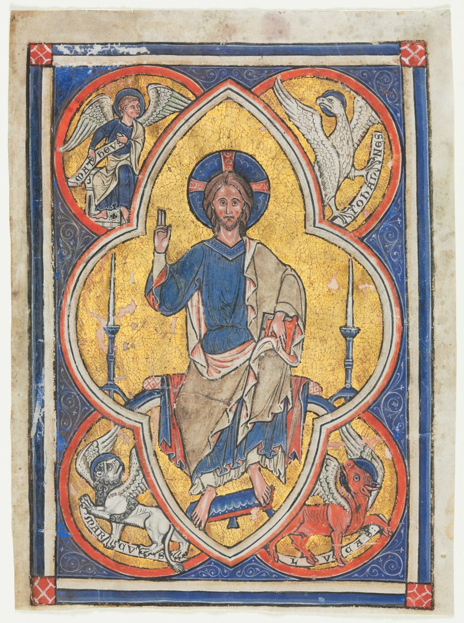 Miniatura vyříznutá z žaltáře: Kristus ve velebnosti se symboly čtyř evangelistů, c. 1235. od Unbekannt