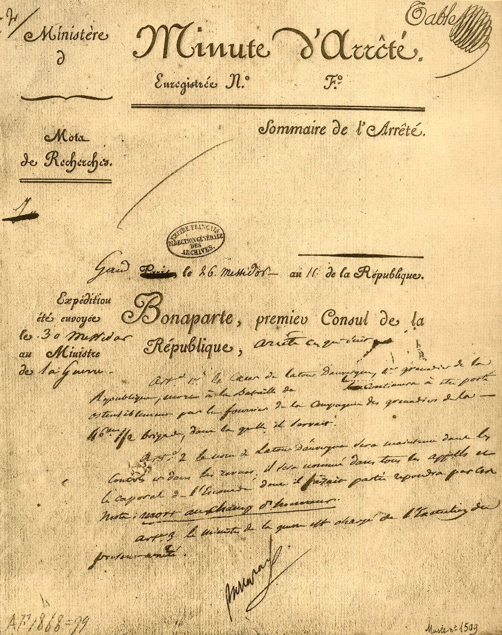 Ministerský rozkaz na téma La Tour dAuvergne, 15. července 1803, 1921. od Unbekannt