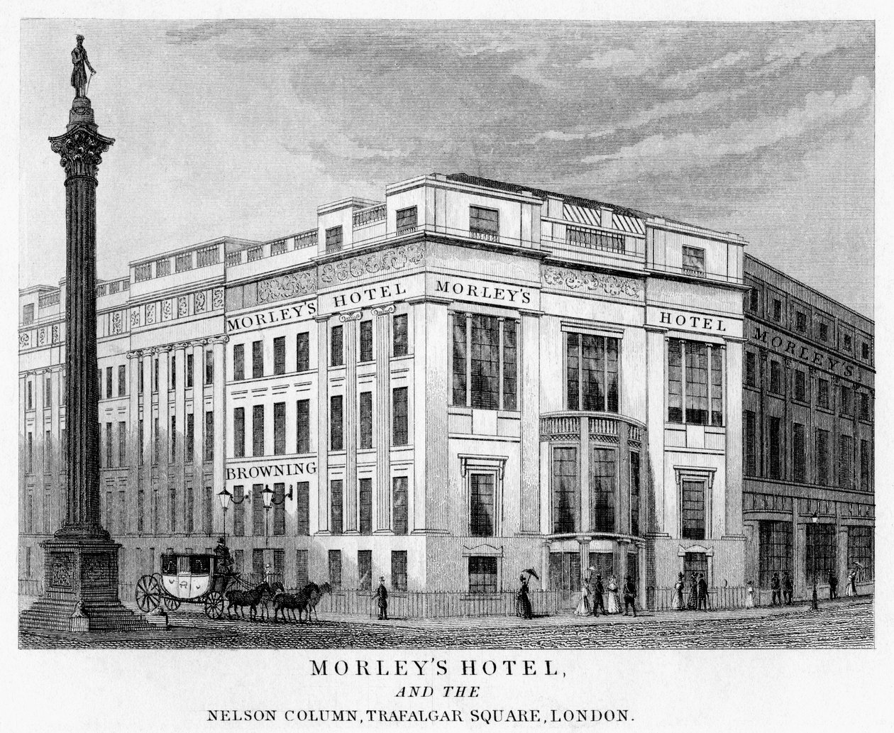 Morleys Hotel a Nelsons Column, Trafalgar Square, Westminster, Londýn, 19. století od Unbekannt