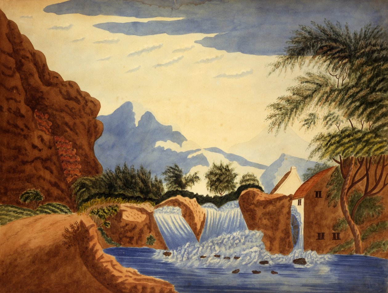 Horská scéna a vodní kolo, ca. 1820-1870. od Unbekannt
