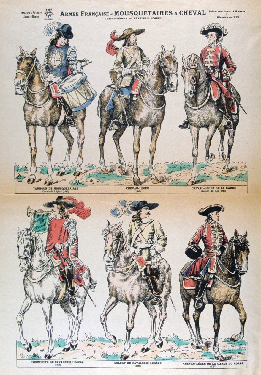 Mousquetaires a Cheval 17. století. Uniformy francouzské armády. Barevná litografie. Soukromá sbírka od Unbekannt