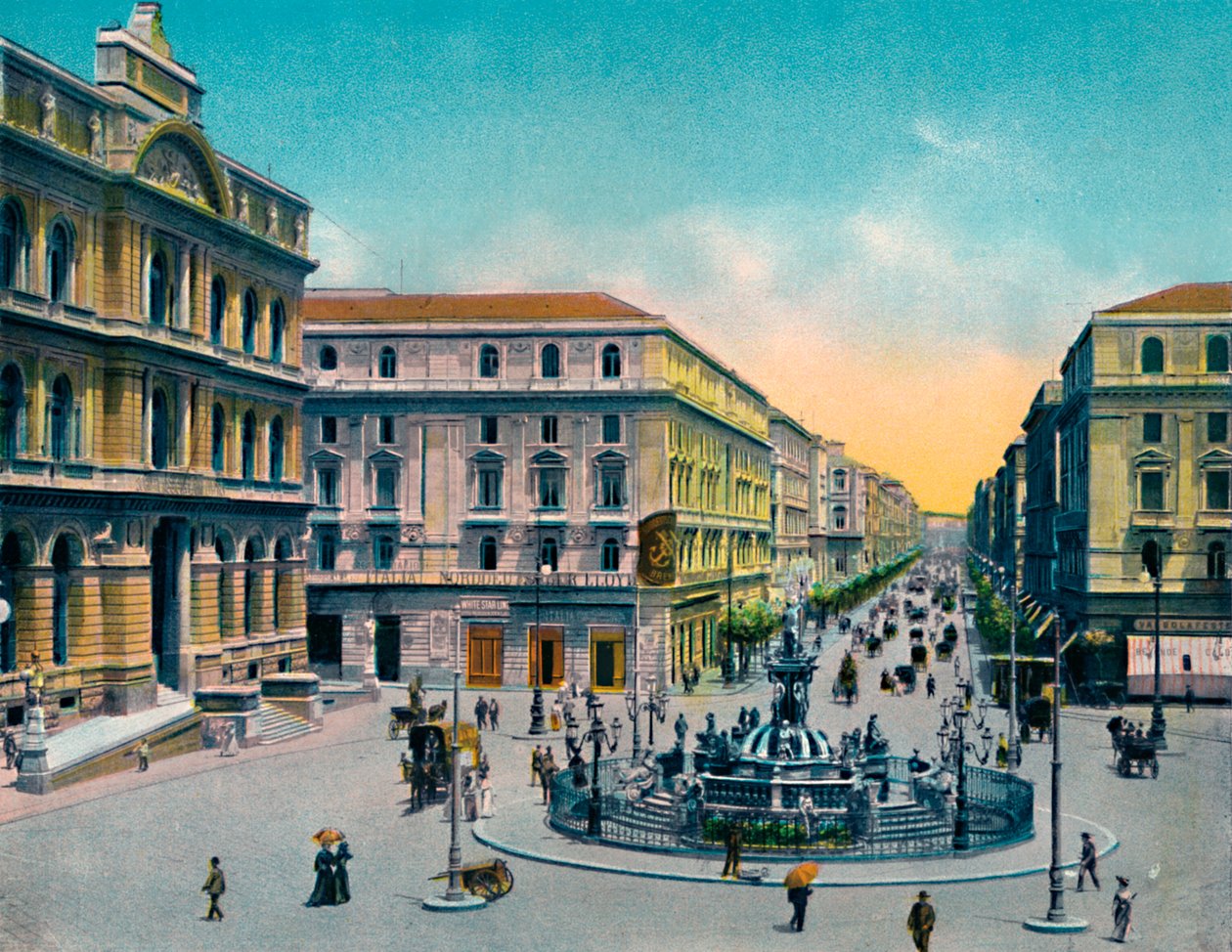 Neapol – Piazza Borsa Con Fountana Medina, Neptunova fontána, c1900. od Unbekannt