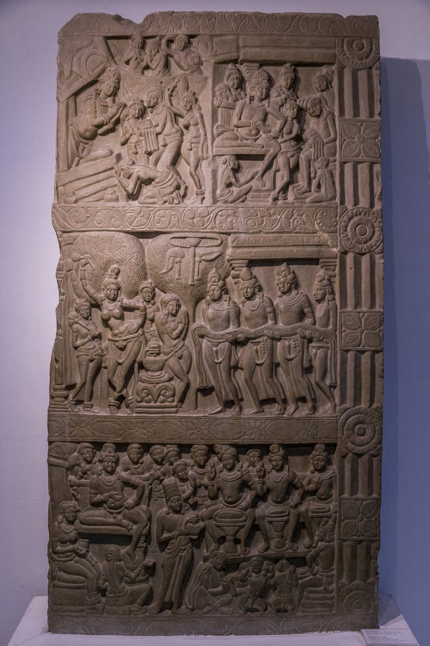 Národní muzeum Indie, Dillí. Buddhovy životní scény. Ikshvaku, 3. století našeho letopočtu Nagarjunakonda, Andhra Pradesh. Šedivý vápenec. Detail. Indie. od Unbekannt